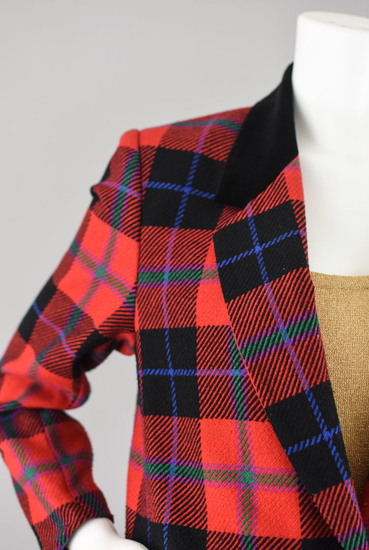 90s Red Tartan Plaid Blazer with Velvet Collar Women's Petite Size 10