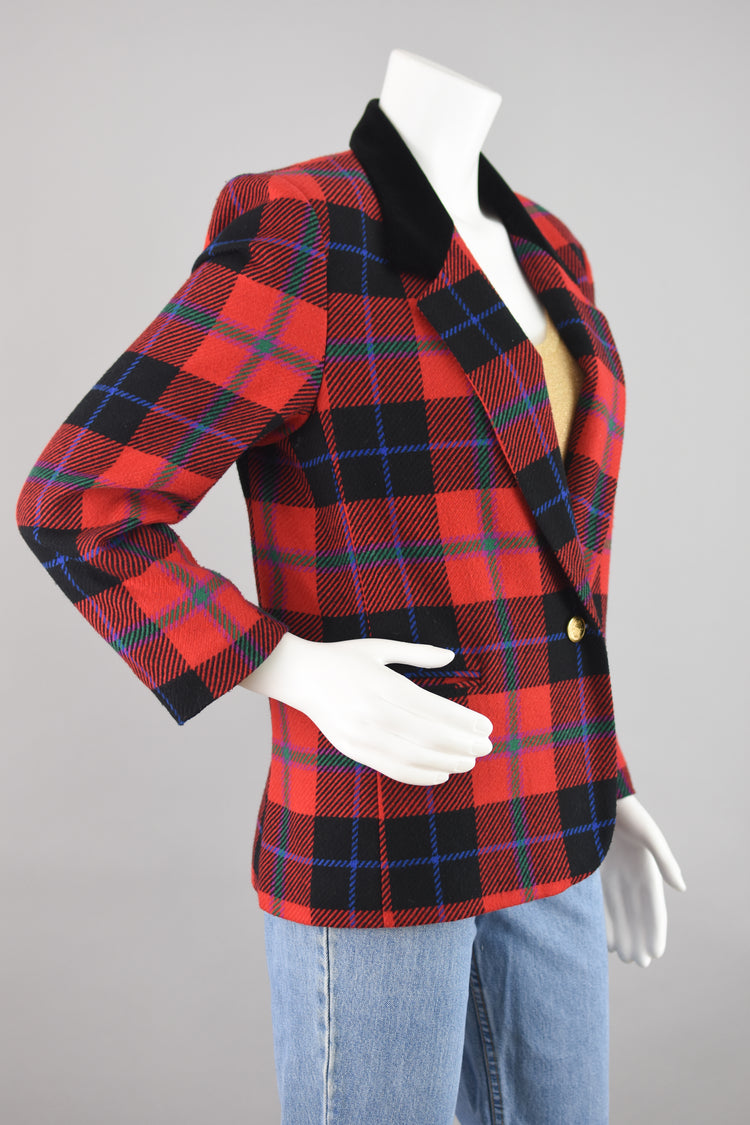 90s Red Tartan Plaid Blazer with Velvet Collar Women's Petite Size 10