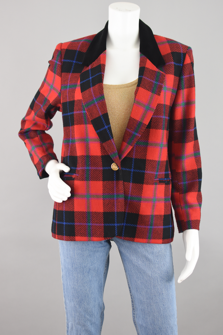 90s Red Tartan Plaid Blazer with Velvet Collar Women's Petite Size 10