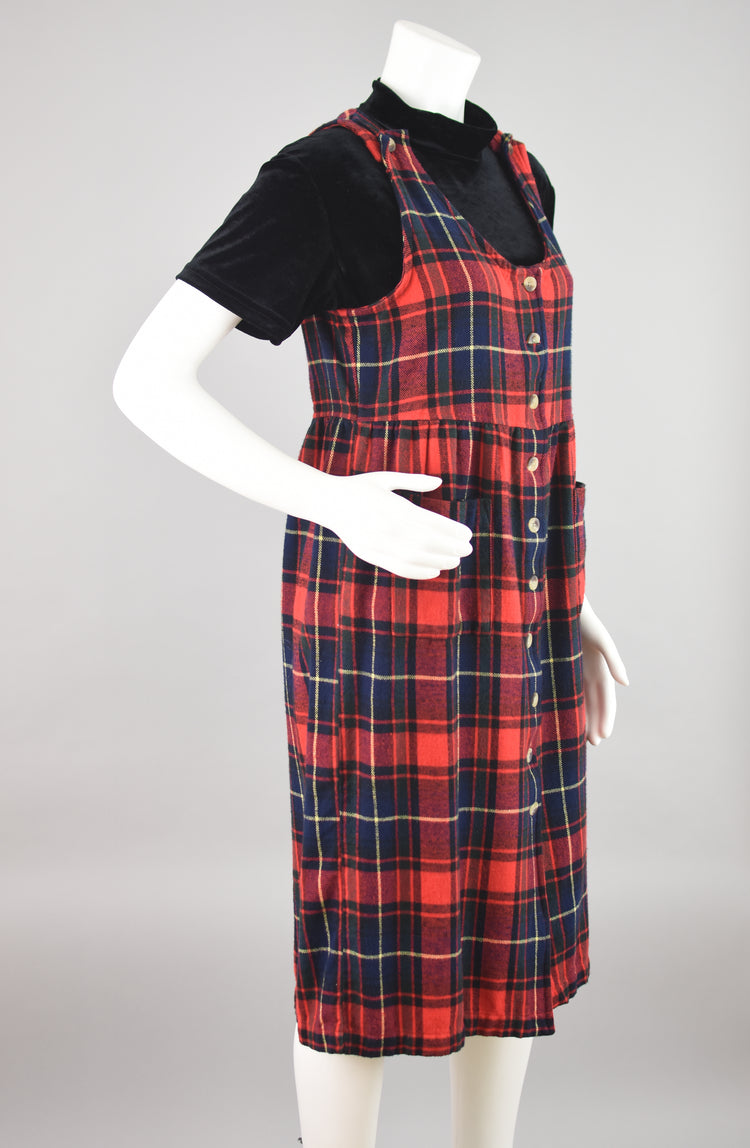 Vintage Plaid Flannel Pinafore Dress Women's Petite Small