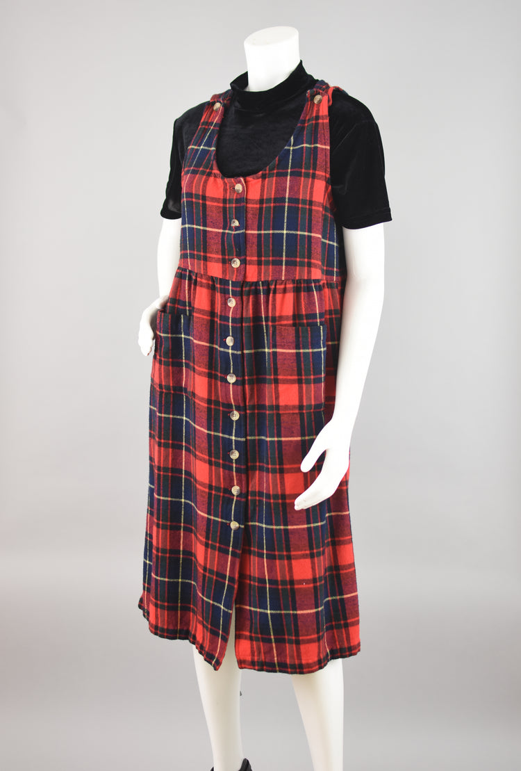 Vintage Plaid Flannel Pinafore Dress Women's Petite Small