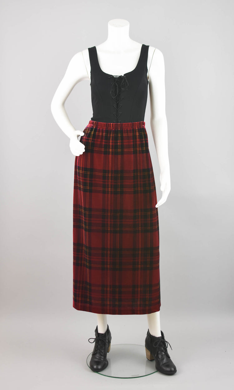 Red Velvet Tartan Plaid Skirt, Women's Petite Medium