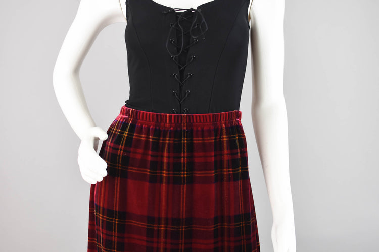 Red Velvet Tartan Plaid Skirt, Women's Petite Medium