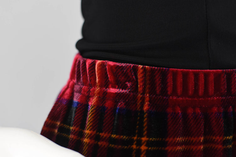 Red Velvet Tartan Plaid Skirt, Women's Petite Medium