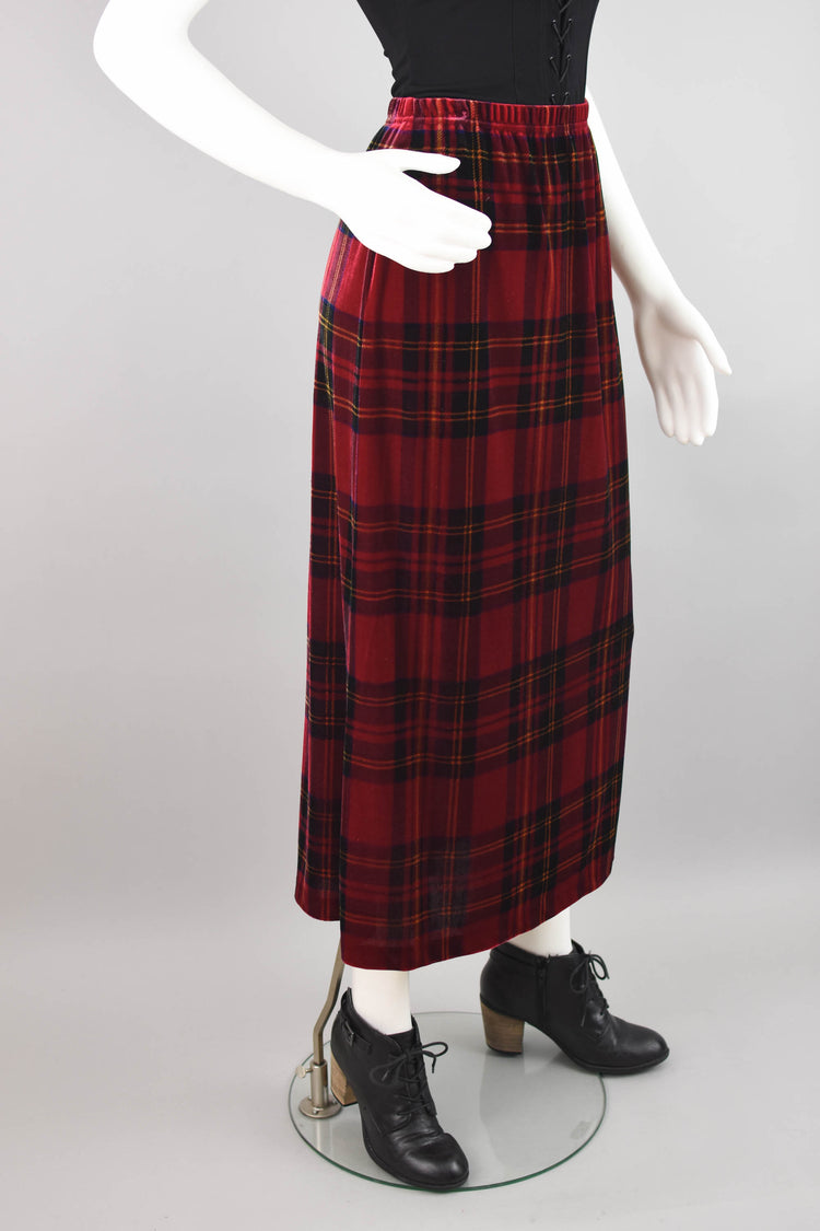 Red Velvet Tartan Plaid Skirt, Women's Petite Medium