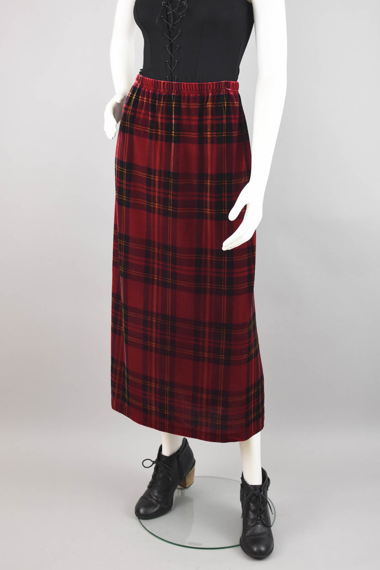 Red Velvet Tartan Plaid Skirt, Women's Petite Medium