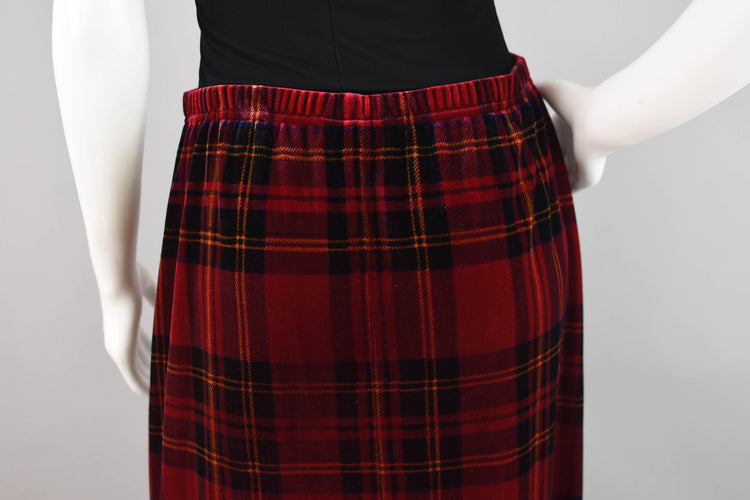 Red Velvet Tartan Plaid Skirt, Women's Petite Medium