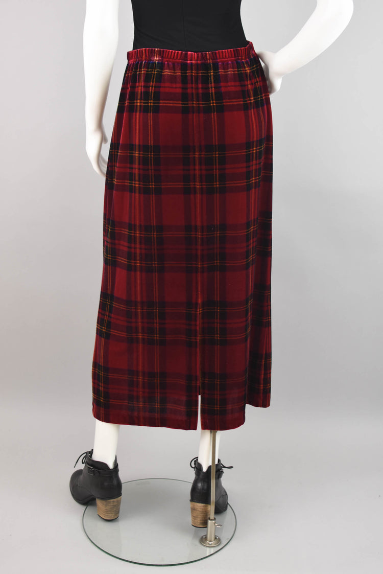 Red Velvet Tartan Plaid Skirt, Women's Petite Medium