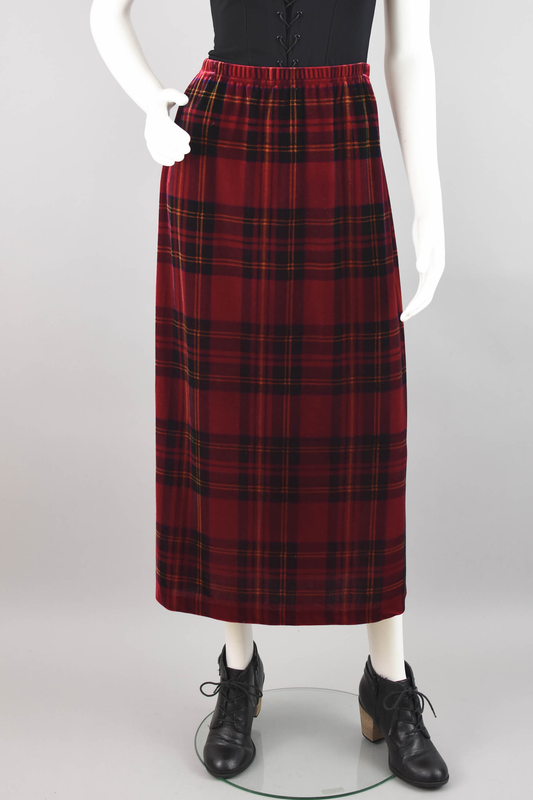 Red Velvet Tartan Plaid Skirt, Women's Petite Medium