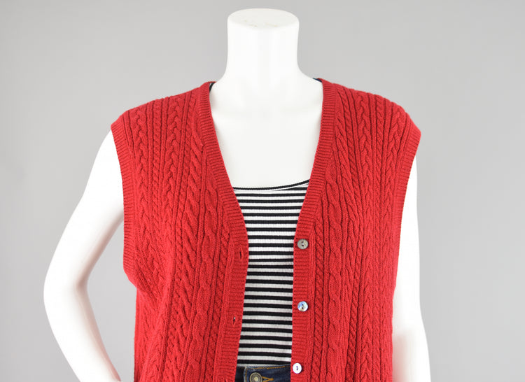 90s Red Cable Knit Sweater Vest, Women's Medium