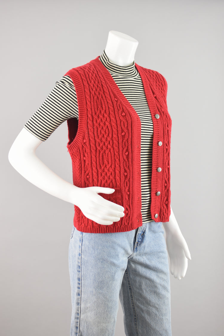 80s Red Cable Knit Sweater Vest Women's Medium