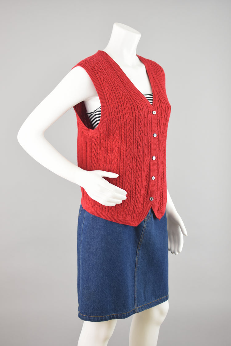 90s Red Cable Knit Sweater Vest, Women's Medium