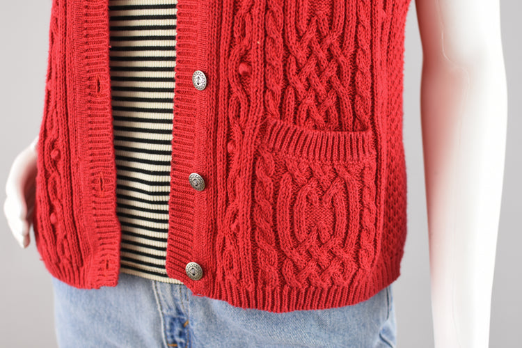 80s Red Cable Knit Sweater Vest Women's Medium