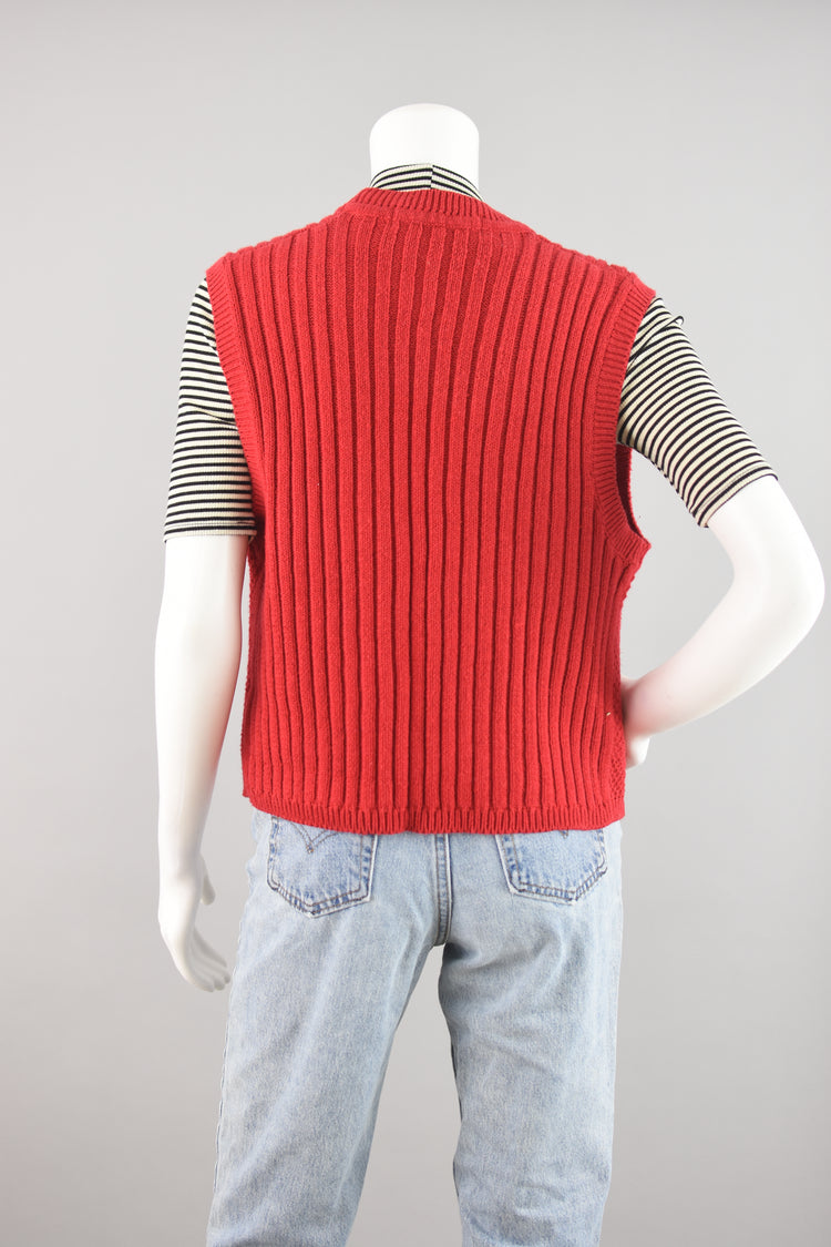 80s Red Cable Knit Sweater Vest Women's Medium