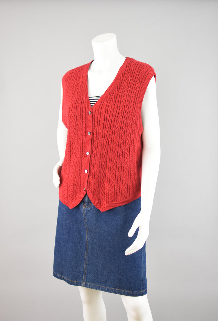 90s Red Cable Knit Sweater Vest, Women's Medium