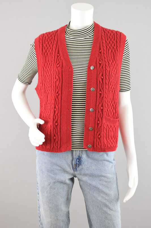 80s Red Cable Knit Sweater Vest Women's Medium