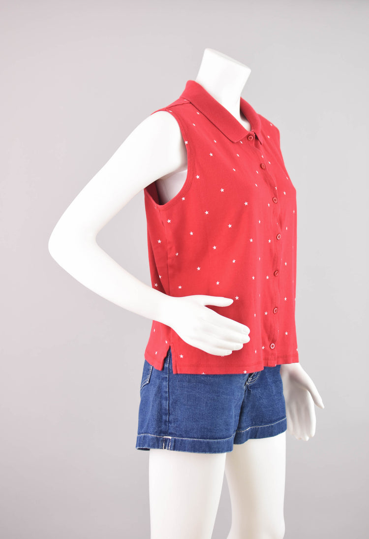 90s Red & White Stars Collared Tank Top, Women's Extra Large