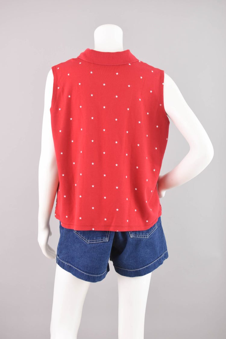 90s Red & White Stars Collared Tank Top, Women's Extra Large