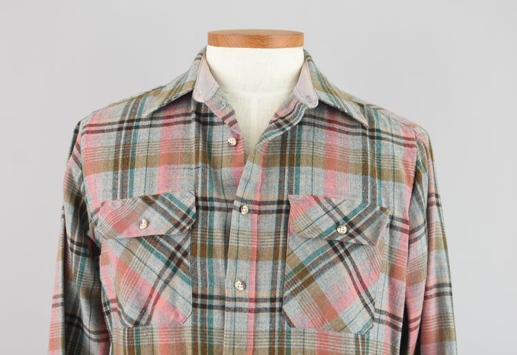 80s Gray Plaid Button Down Flannel Shirt, Men's Medium