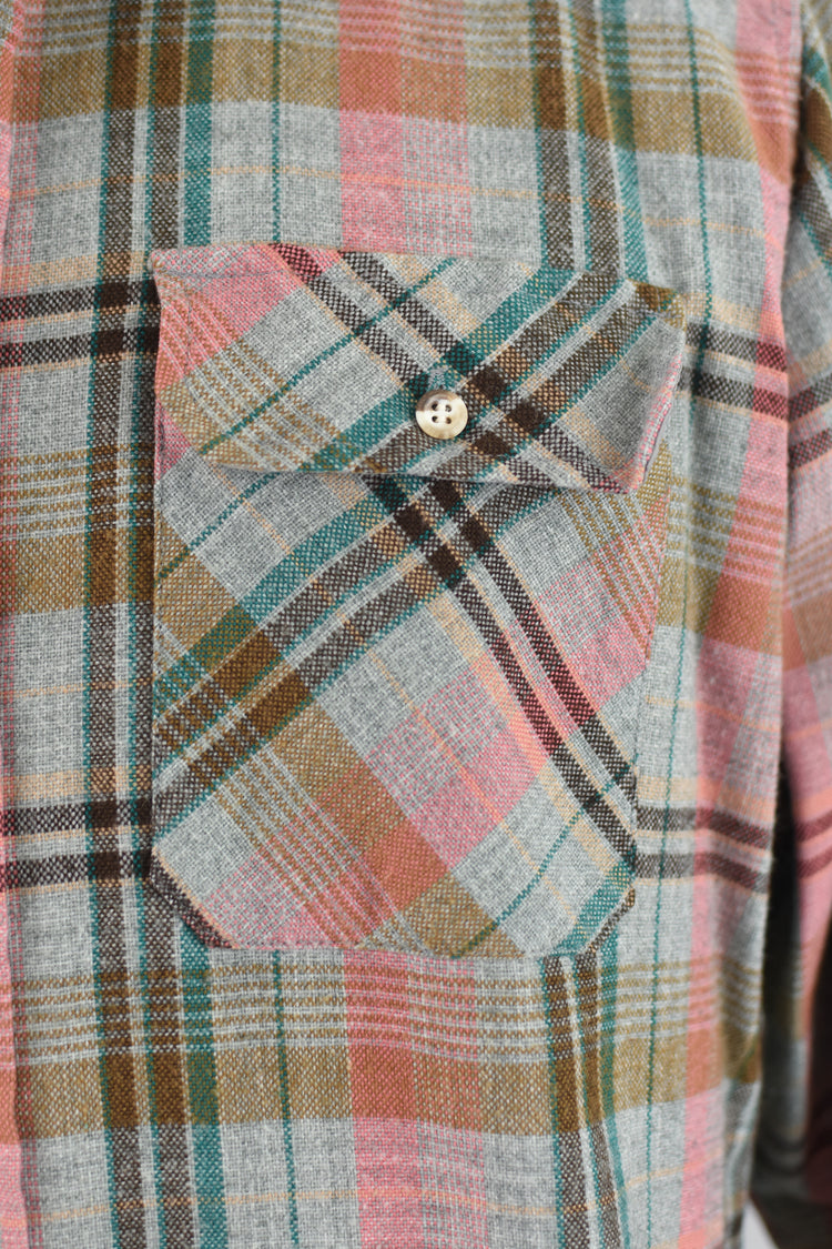 80s Gray Plaid Button Down Flannel Shirt, Men's Medium