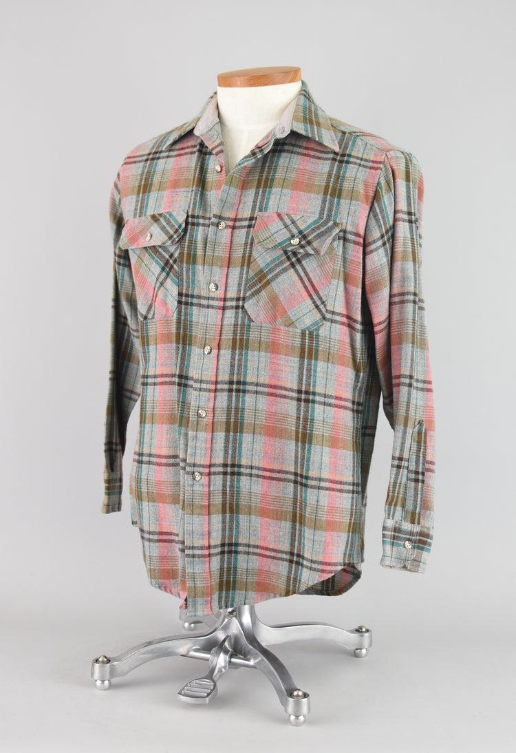 80s Gray Plaid Button Down Flannel Shirt, Men's Medium