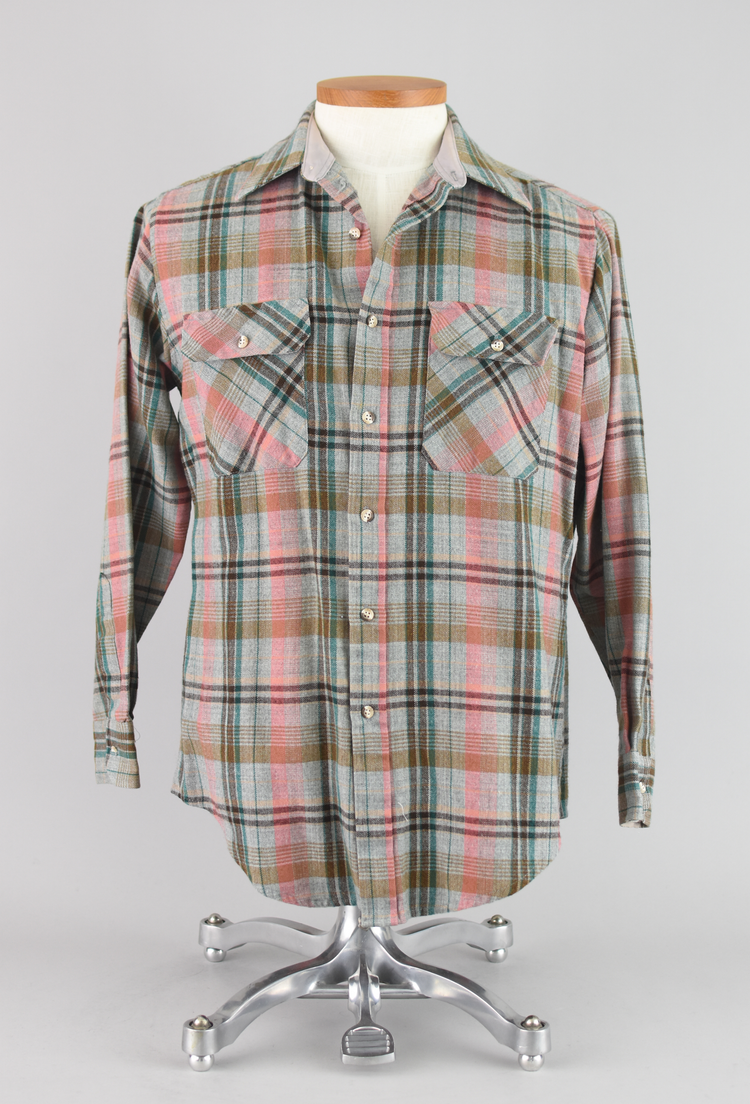 80s Gray Plaid Button Down Flannel Shirt, Men's Medium