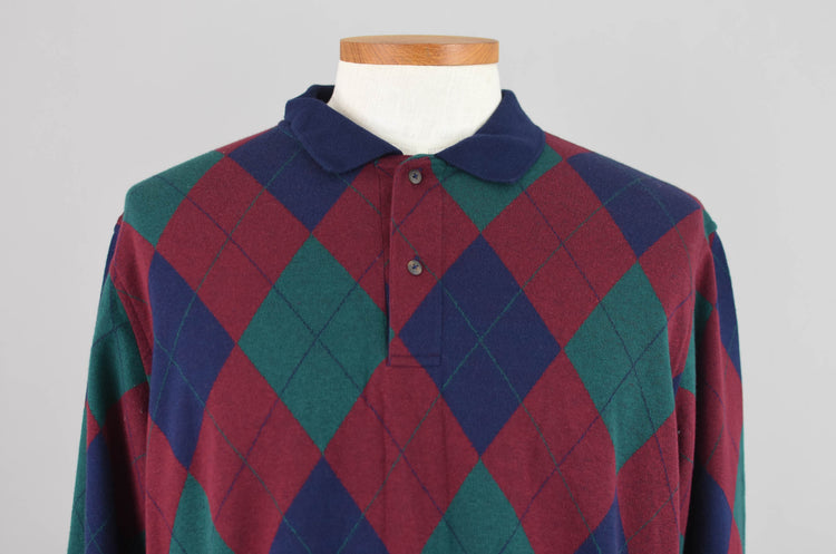 90s Saddlebred Argyle Long Sleeve Polo Shirt, Men's Large