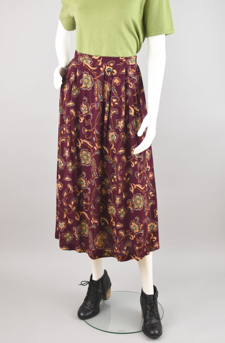 Vintage Purple Floral Midi Skirt, Women's Petite Medium