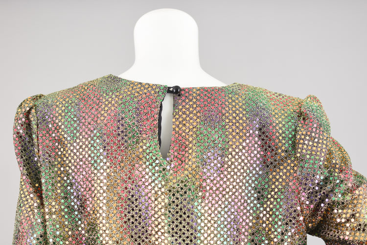 Vintage Iridescent Gold Sequins Party Blouse with Tied Waist, Women's Size 8