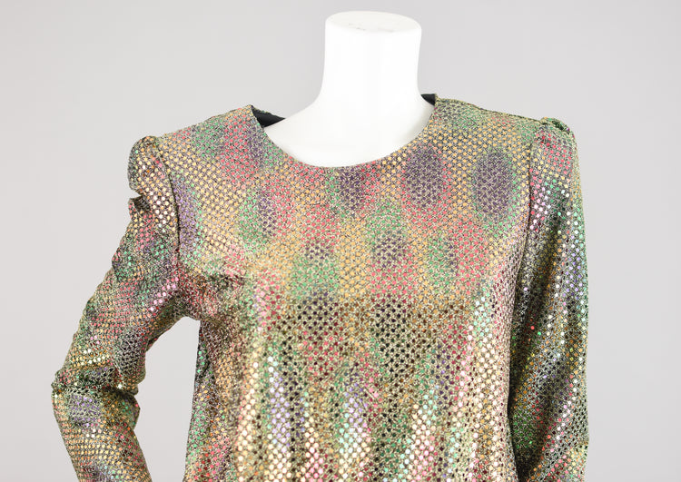 Vintage Iridescent Gold Sequins Party Blouse with Tied Waist, Women's Size 8