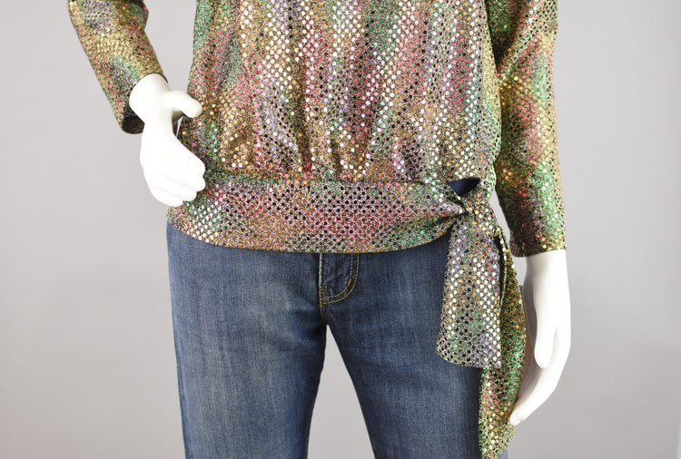 Vintage Iridescent Gold Sequins Party Blouse with Tied Waist, Women's Size 8