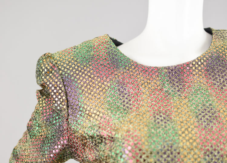 Vintage Iridescent Gold Sequins Party Blouse with Tied Waist, Women's Size 8