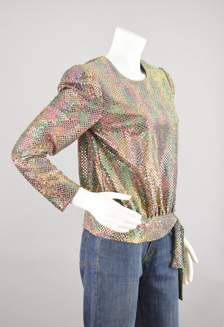 Vintage Iridescent Gold Sequins Party Blouse with Tied Waist, Women's Size 8