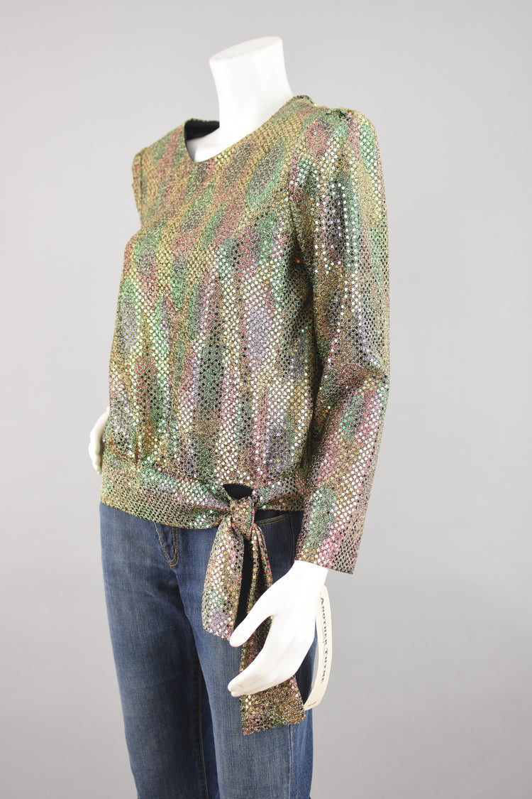 Vintage Iridescent Gold Sequins Party Blouse with Tied Waist, Women's Size 8