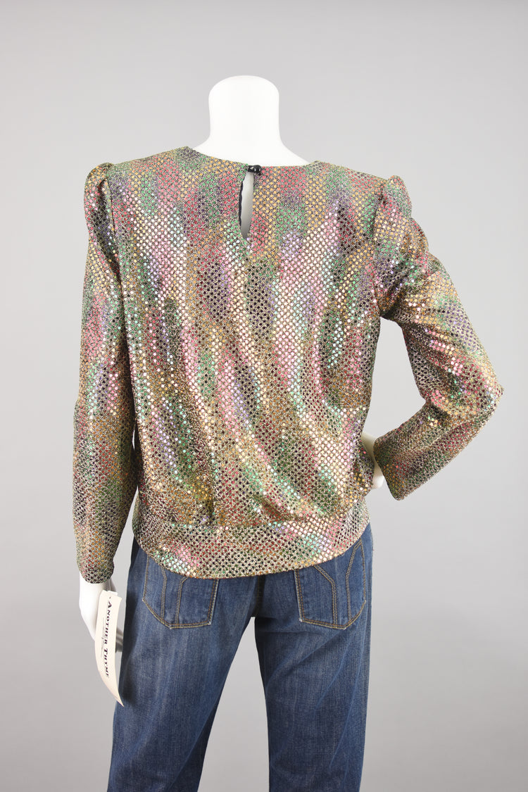 Vintage Iridescent Gold Sequins Party Blouse with Tied Waist, Women's Size 8