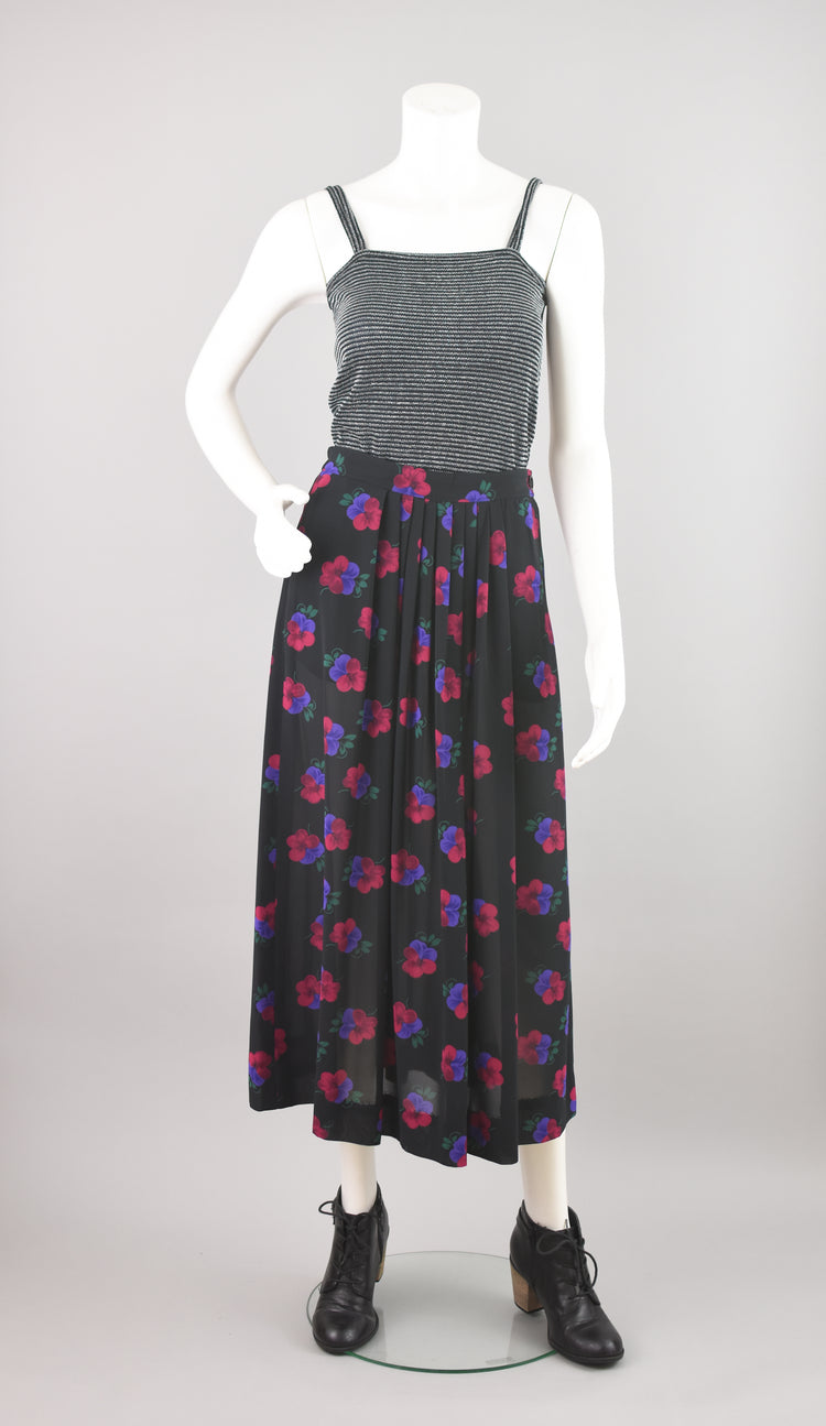 80s Floral Semi Sheer Black Pleated Midi Skirt, Women's Size 6, 26" Waist