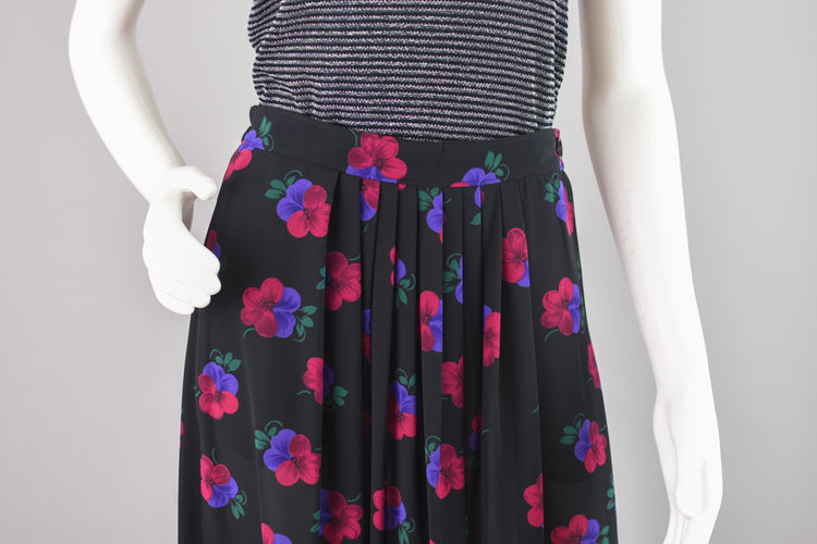 80s Floral Semi Sheer Black Pleated Midi Skirt, Women's Size 6, 26" Waist