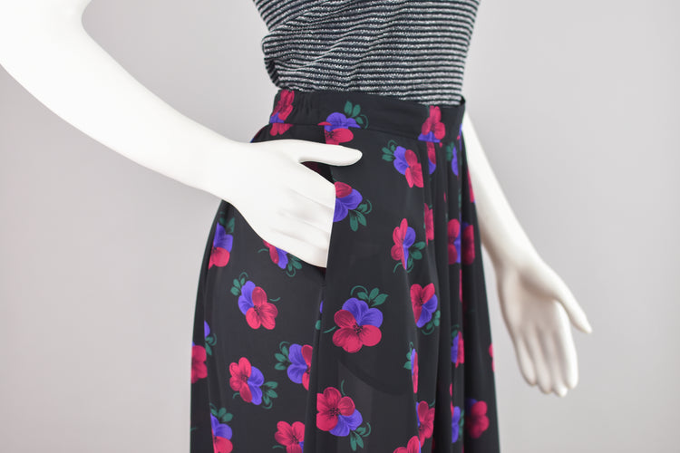 80s Floral Semi Sheer Black Pleated Midi Skirt, Women's Size 6, 26" Waist