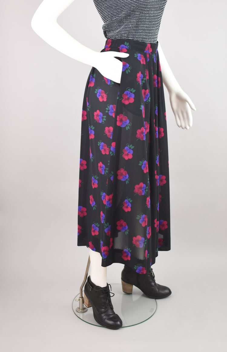 80s Floral Semi Sheer Black Pleated Midi Skirt, Women's Size 6, 26" Waist