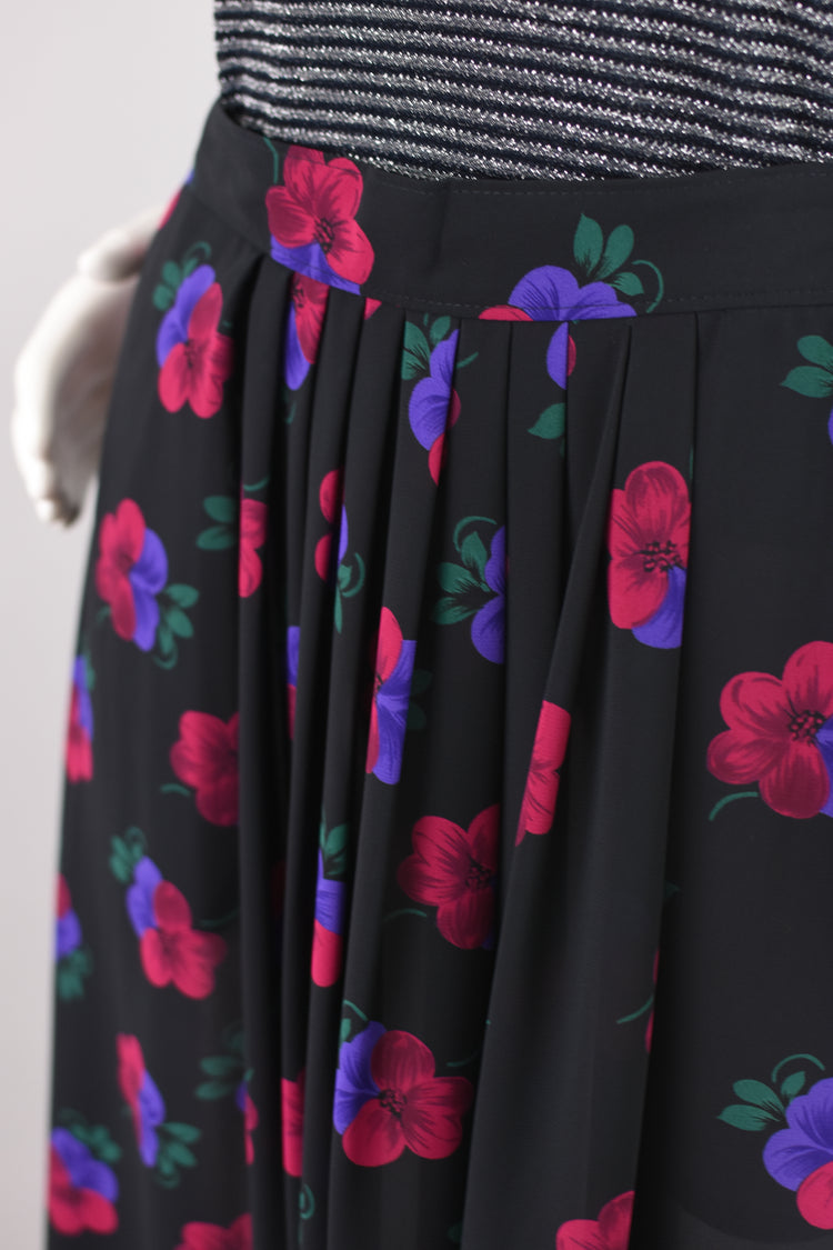 80s Floral Semi Sheer Black Pleated Midi Skirt, Women's Size 6, 26" Waist