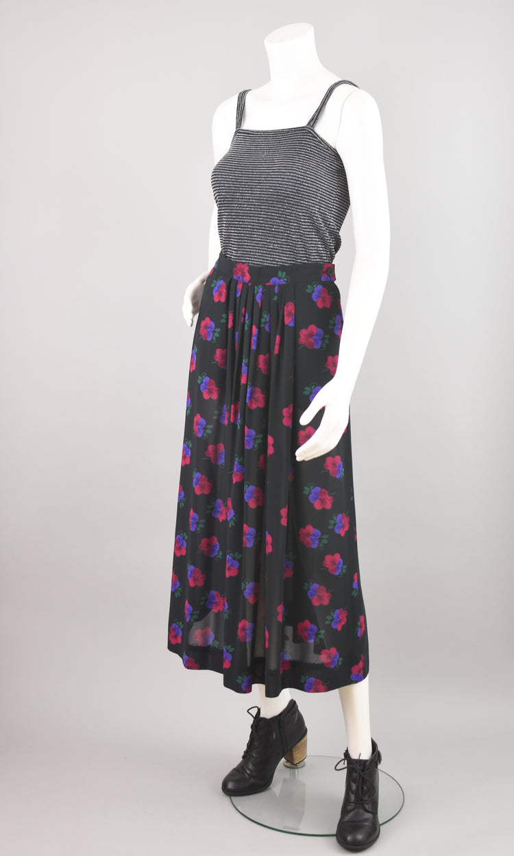 80s Floral Semi Sheer Black Pleated Midi Skirt, Women's Size 6, 26" Waist