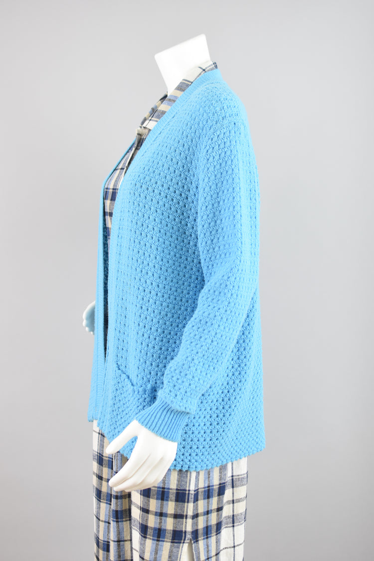 Vintage Blue Crochet Cardigan with Pockets, Women's Medium - Large