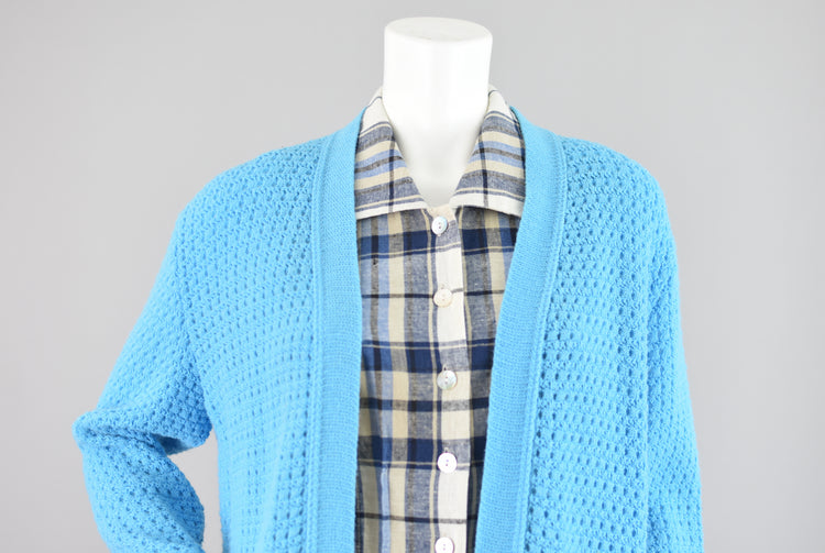 Vintage Blue Crochet Cardigan with Pockets, Women's Medium - Large