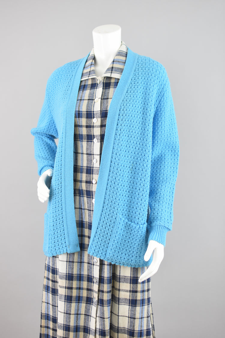 Vintage Blue Crochet Cardigan with Pockets, Women's Medium - Large