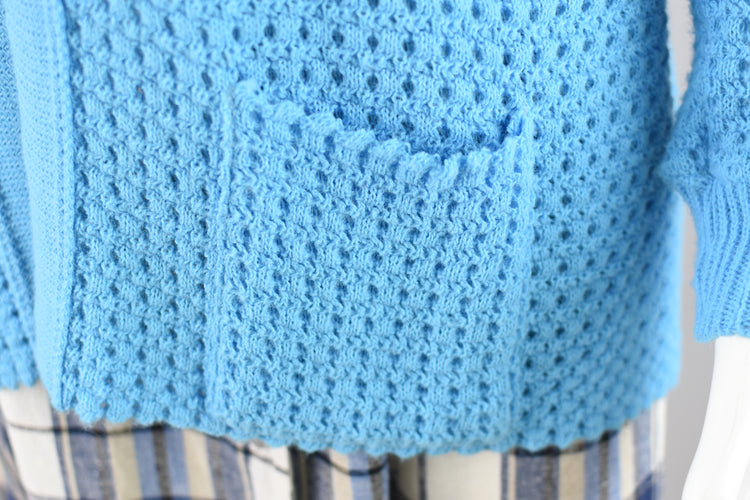 Vintage Blue Crochet Cardigan with Pockets, Women's Medium - Large