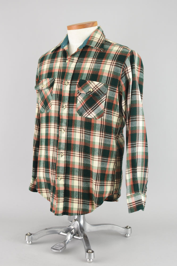 70s St. John's Bay Plaid Flannel Work Shirt, Men's Medium