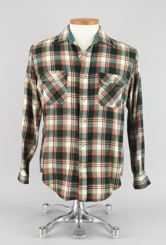 70s St. John's Bay Plaid Flannel Work Shirt, Men's Medium