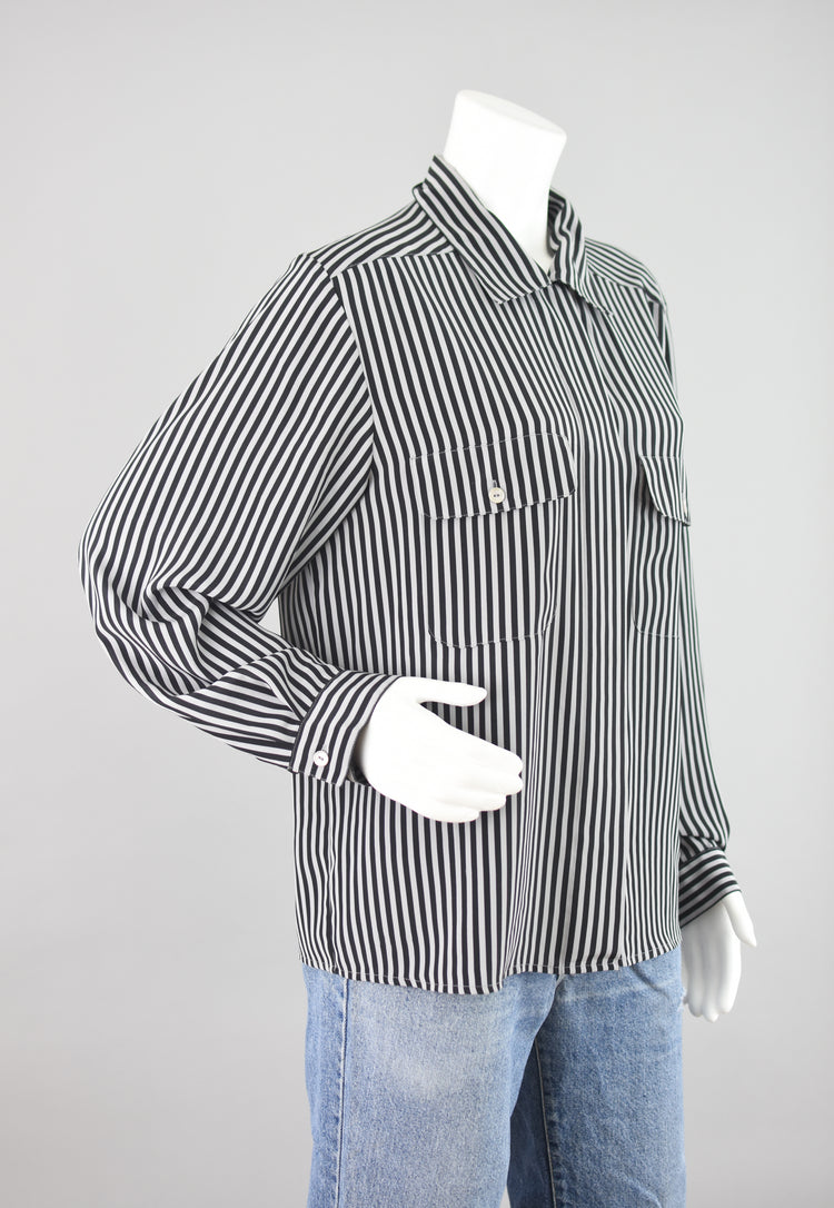 90s Black & Gray Striped Long Sleeve Blouse, Women's Size 16