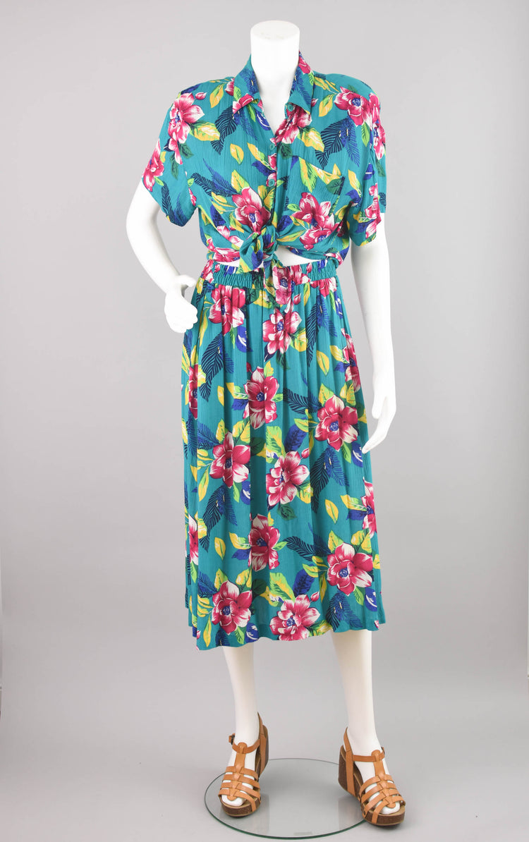 80s Floral Top & Maxi Skirt Set Women's Petite Large