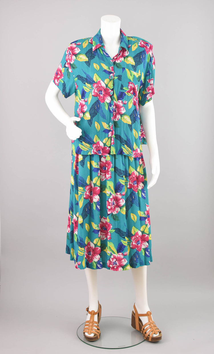 80s Floral Top & Maxi Skirt Set Women's Petite Large